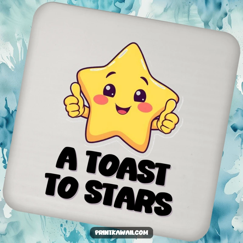 Funny drink coaster showcasing a smiling star character giving a confident double thumbs up, adding a cheerful touch.