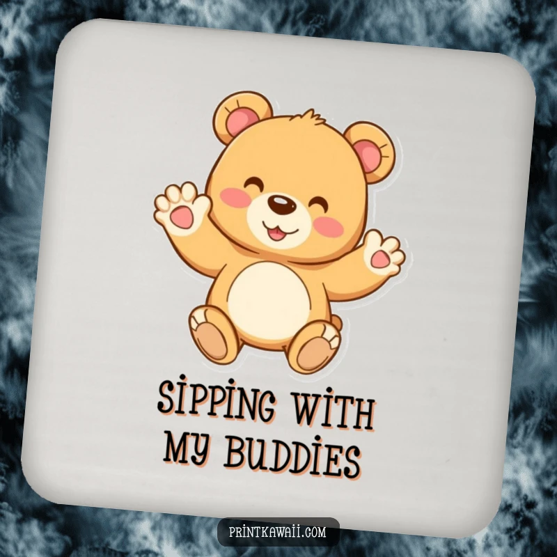 Funny drink coasters featuring a joyful teddy bear character waving, protecting surfaces with adorable charm and a friendly greeting.