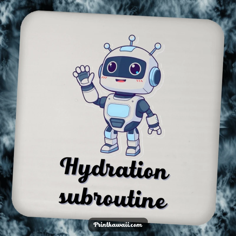 Funny drink coaster showing a happy robot character waving energetically, adding a touch of robotic friendliness.