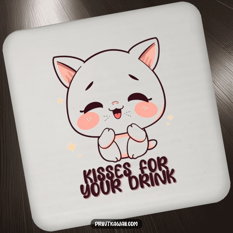 Funny Kawaii Kiss Drink Coasters: Cute character artwork giggling and blowing glittery kisses, protecting tables.