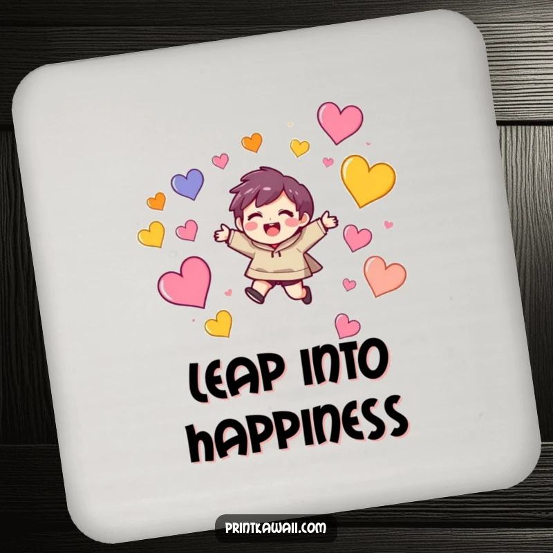 Funny drink coaster with a character showing delight as they leap joyfully amidst colorful, floating hearts, protecting surfaces.