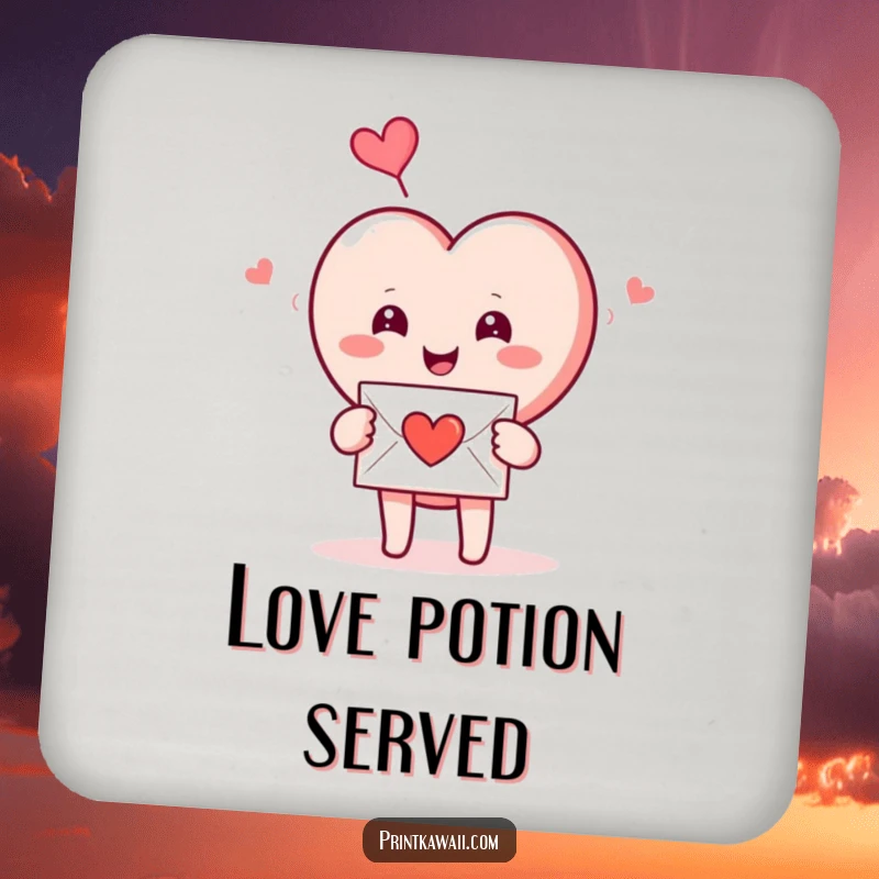 Funny Drink Coasters: A smiling heart character receives a love letter, protecting surfaces with humorous and romantic art.