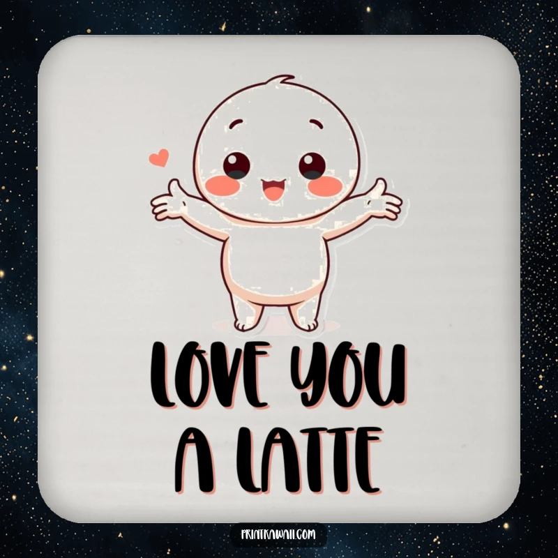 Funny Kawaii Love Drink Coasters: Cute character artwork in a loving pose with arms outstretched, protecting tables.