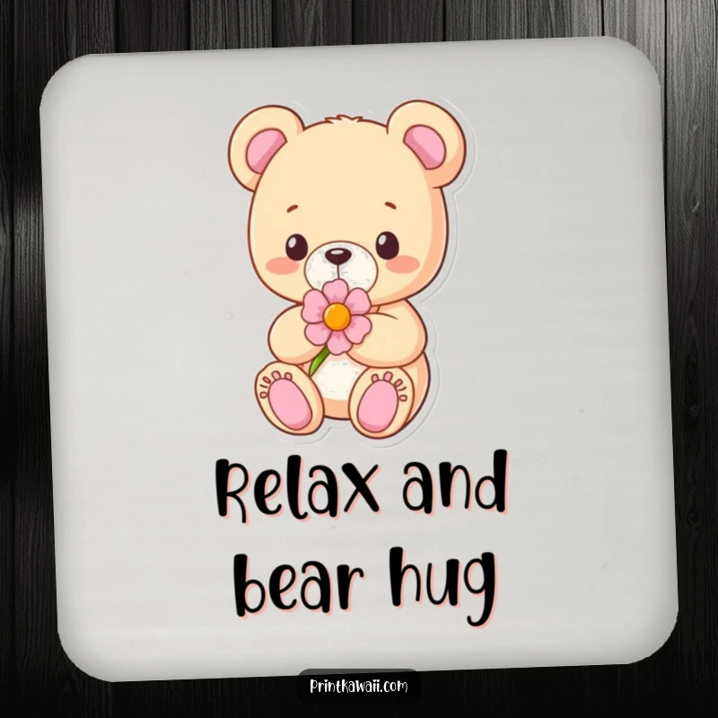 Funny Coaster with a content teddy bear character holding a flower, adding gentle charm and protecting surfaces.