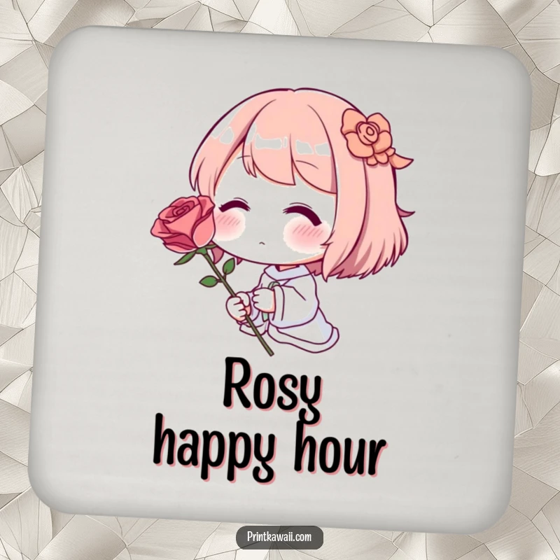 Funny Coaster: A shy character blushing deeply, holding a single perfect rose to protect your table.