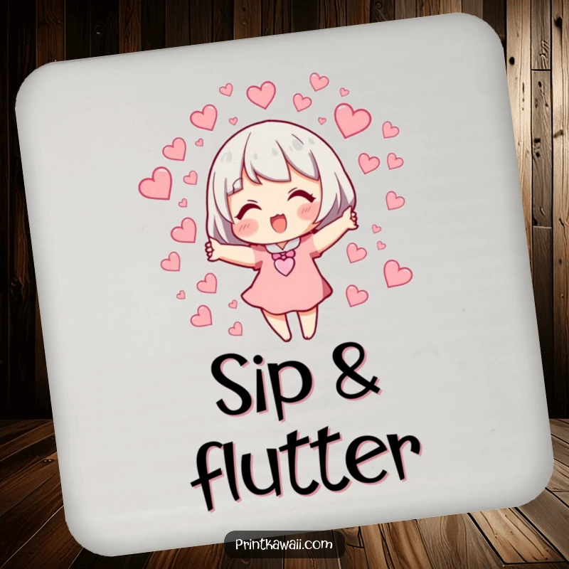 Funny Coaster: A character releasing a burst of tiny, fluttering hearts, protecting your surfaces.