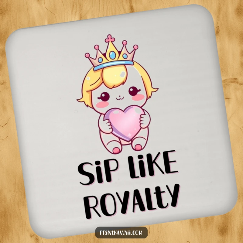 Funny Kawaii Crown Heart Drink Coasters: Cute character artwork with a crown and sparkly heart, protecting tables.