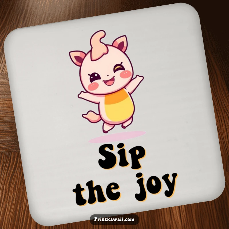 Funny coasters featuring a giggling rainbow character hopping cheerfully, adding a touch of playful humor and protecting surfaces in style.