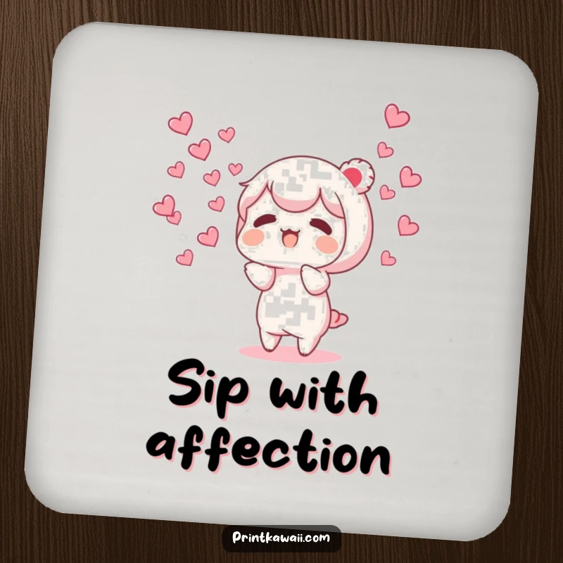 Funny drink coaster with a character releasing tiny, fluttering hearts, protecting surfaces with a symbol of love.