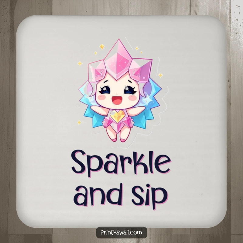 Funny Coaster depicting a sparkling gem character radiating happiness, adding a cheerful and radiant touch while protecting surfaces.