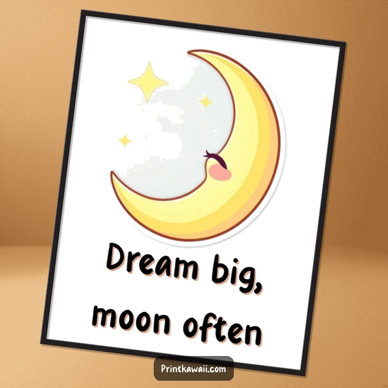 Funny winking crescent moon character art print poster, casting a soft glow, radiating playful celestial vibes, funny gift.