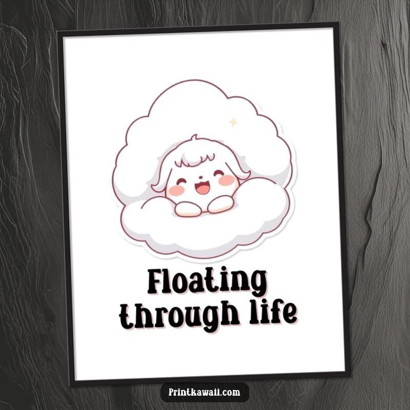 Funny Kawaii Cloud Hug Poster: Whimsical character joyfully hugging a soft, large cloud, perfect for dreamy decor.