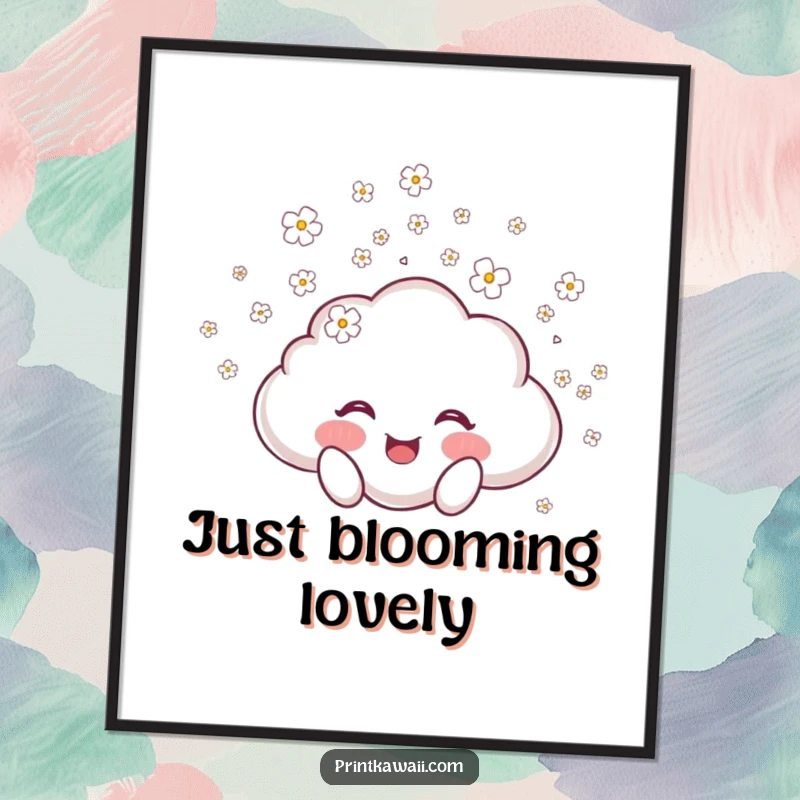 Funny poster illustration of a joyful cloud character showering tiny blossoms, perfect for adding a touch of gentle beauty and happiness.
