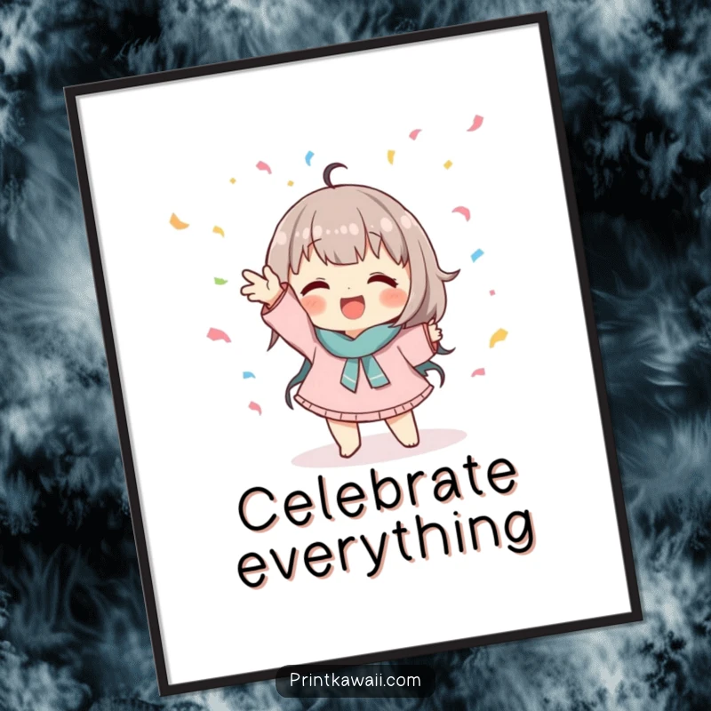 Funny poster art of a cute character in a playful pose catching falling confetti, perfect for charming decor.