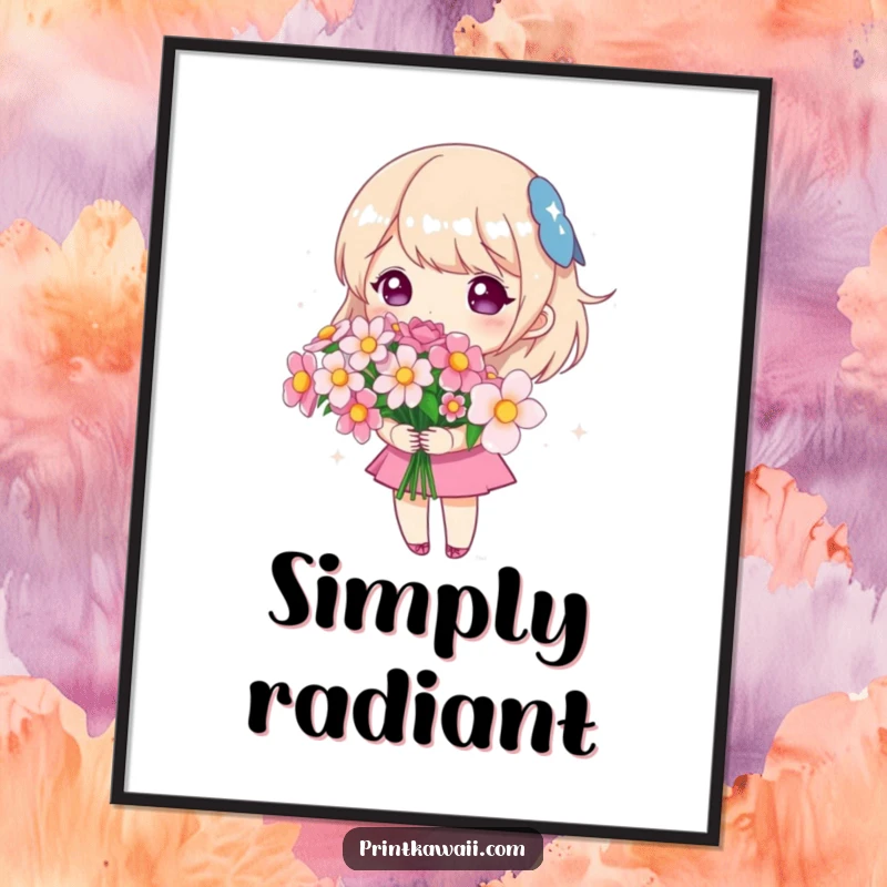 Funny poster art of a cute character holding a bouquet of sparkling flowers, symbolizing beauty and happiness in a charming design.