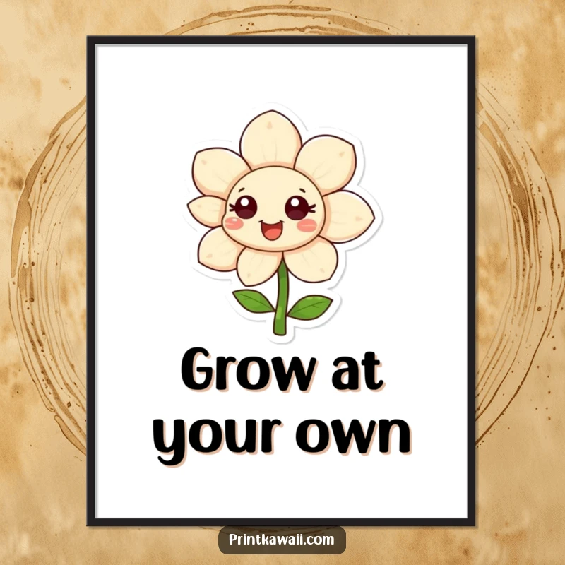 Funny happy flower character art print poster, petals unfurling, radiating positivity and natural beauty, perfect funny gift.