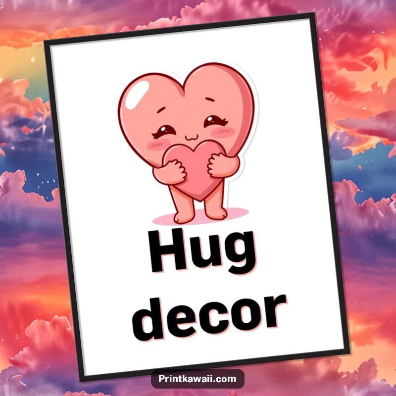 Cute heart character giving a warm hug, perfect for loving wall art. Sweet funny print.