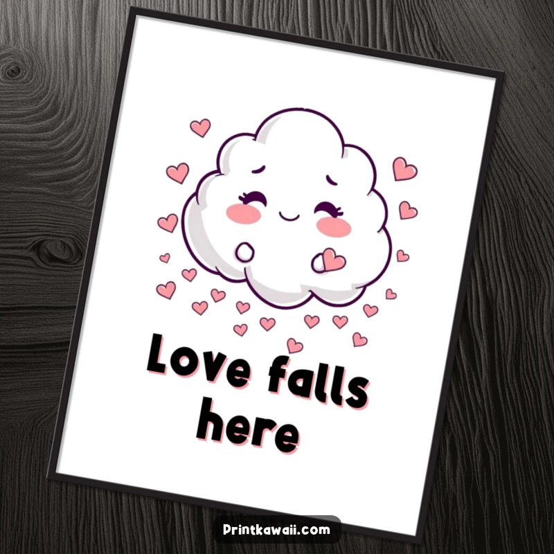 Funny poster art of a whimsical cloud character playfully raining tiny hearts, spreading love and joy.