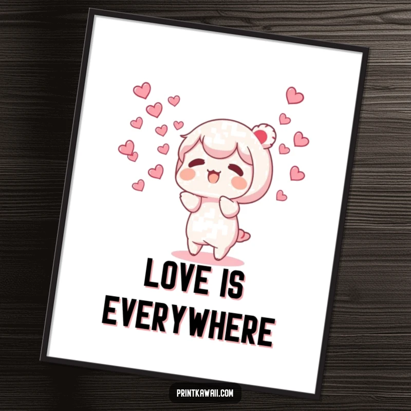 Funny poster showcasing a character releasing a cascade of tiny, fluttering hearts, symbolizing affection and warmth.