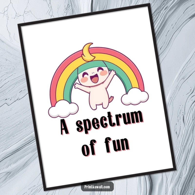 Funny Poster featuring a playful rainbow character arching joyfully, adding vibrant and hopeful wall decor.