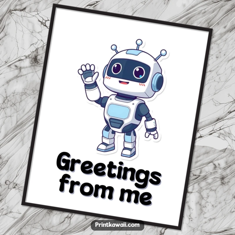 Funny poster featuring a happy robot character in a dynamic, energetic wave, radiating friendliness and robotic charm.