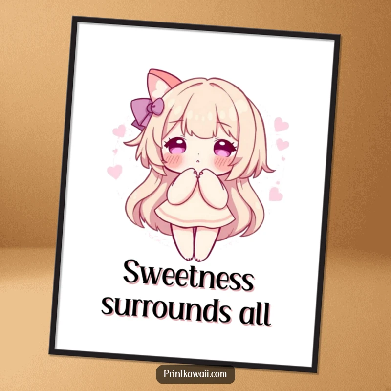 Funny poster featuring a character in a sweet pose, surrounded by a soft, pink aura, ideal for decoration and gentle vibes.