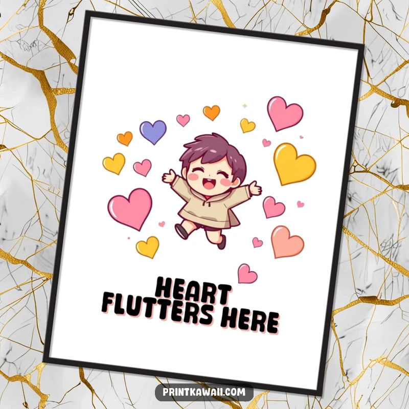 Funny poster featuring a character with a delighted expression leaping energetically amongst a flurry of colorful, floating hearts.