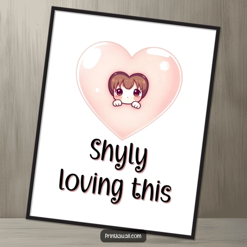 Funny poster depicting a shy character peeking from behind a huge, shimmering heart, creating a sense of tender romance.