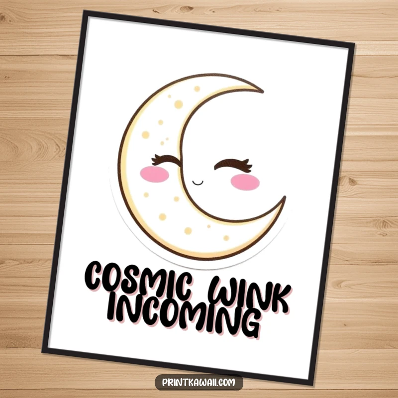 Funny Winking Moon Poster illustrating a slyly winking crescent moon character, adding playful celestial energy to wall decor, a wonderful funny gift.