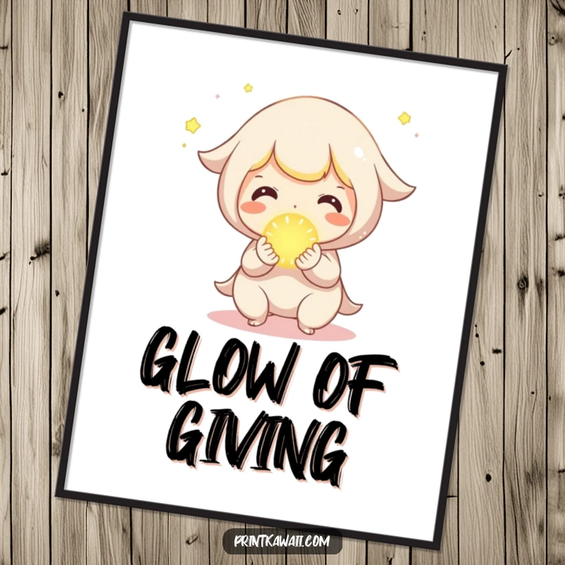 Funny Poster of a cute character joyfully sharing a tiny, glowing orb, symbolizing connection.