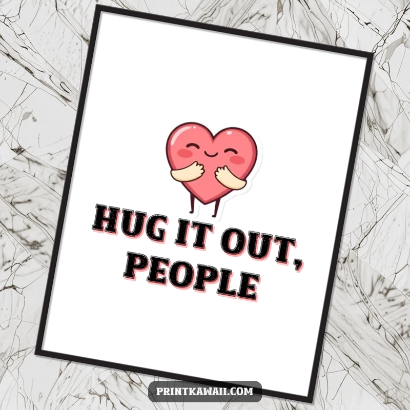Funny poster illustration of a cute heart character giving a warm, open hug, perfect for spreading love and positive vibes.