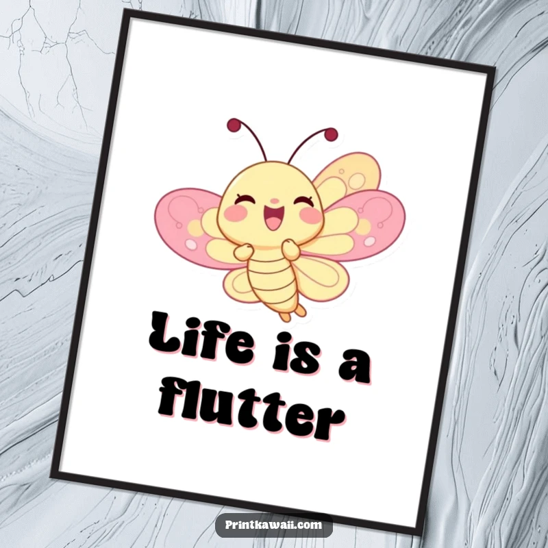 Funny delighted butterfly character art print poster, fluttering joyfully with colorful wings, a celebration of vibrant happiness, funny gift.