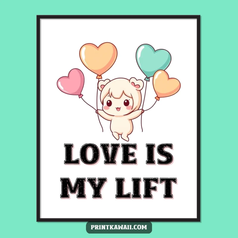 Funny Floating Art: Cute Kawaii Character's Heart Balloon Dream