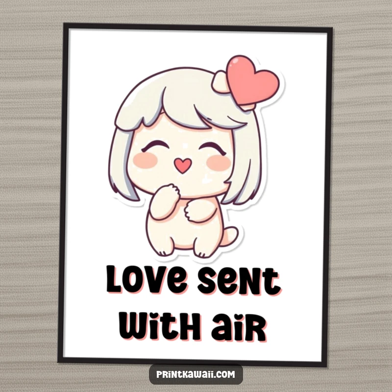 Funny poster featuring a character smiling gently, blowing a kiss towards a heart, capturing tender love and romantic gestures.