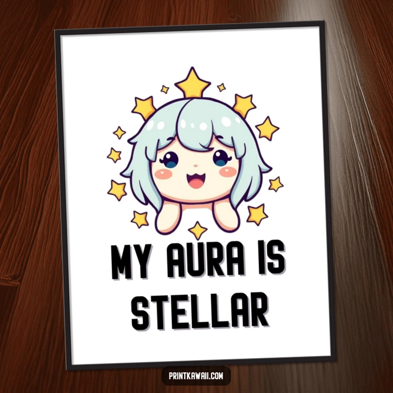 Funny poster art of a cute smiling character radiating joy amidst a beautiful star-filled galaxy, a cheerful and uplifting wall decoration.