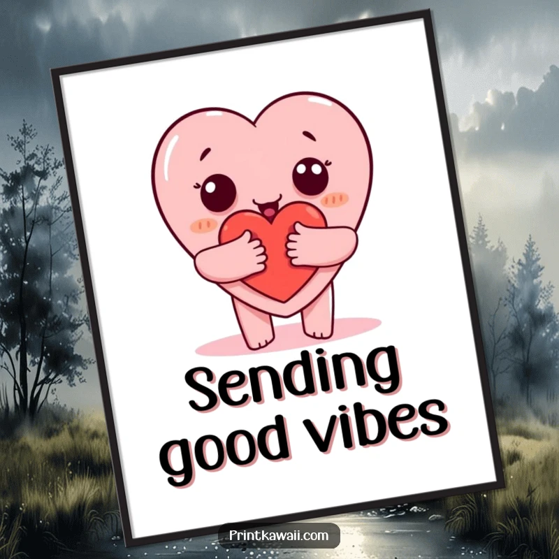 Funny poster featuring a lovable heart character giving a warm, encompassing hug, ideal for uplifting decor, a funny gift.