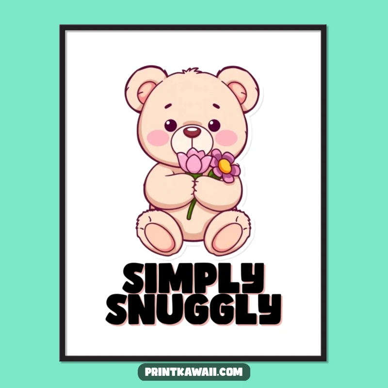 Funny Content Teddy Bear Flower Poster, Sweet Character Art for Gentle Spaces