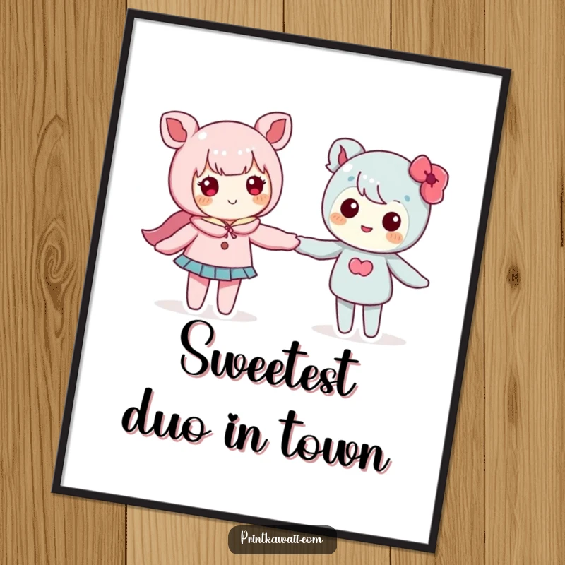 Funny poster art featuring two cute kawaii characters holding hands, a beautiful depiction of friendship and love.
