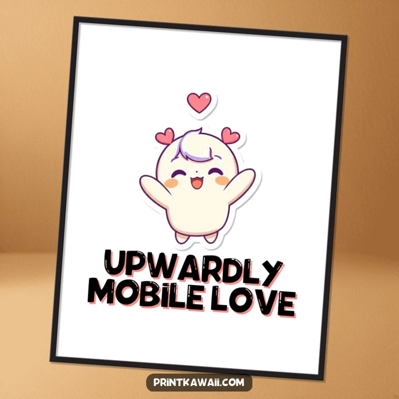 Funny poster showcasing a cute character joyfully floating upwards, a large heart hovering above its head, embodying happiness and freedom.