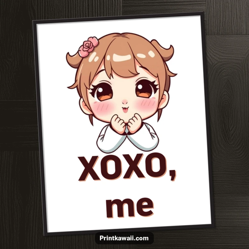 Funny poster art of a cute character blowing a kiss, cheeks rosy, conveying playful affection in a delightful design.