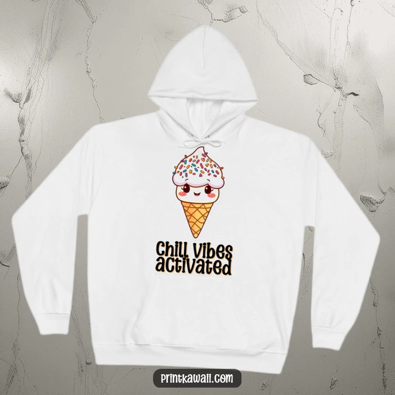 Funny ice cream cone hoodie with vibrant sprinkle hair, radiating warmth and happiness, a perfect funny gift.