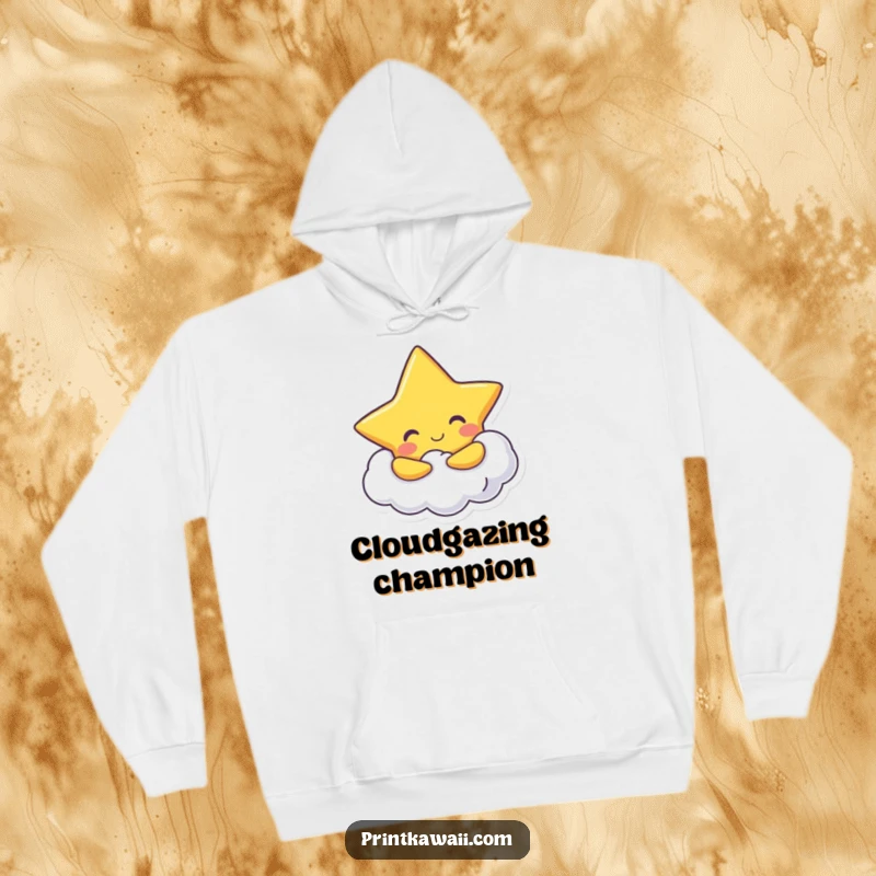 Funny Hoodie: A cheerful star character hugs a fluffy cloud, offering cozy comfort and whimsical charm.