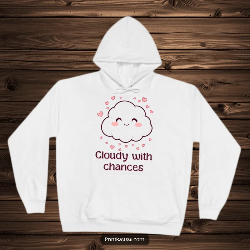Funny hoodie with a smiling cloud sprinkling hearts, offering cozy comfort and sweet vibes, a perfect funny gift.