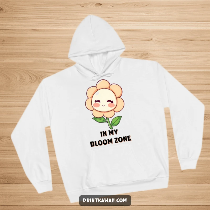 Funny Blushing Flower Hoodie showcasing a shy flower character leaning inwards with a cute blush, perfect for cozying up with sweet humor, a lovely funny gift.