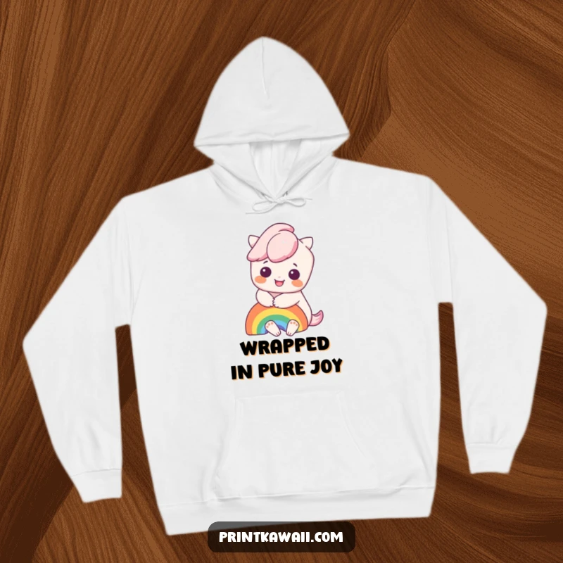 Funny hoodie showcasing a cute kawaii character holding a vibrant rainbow, offering a sense of warmth and playful joy.