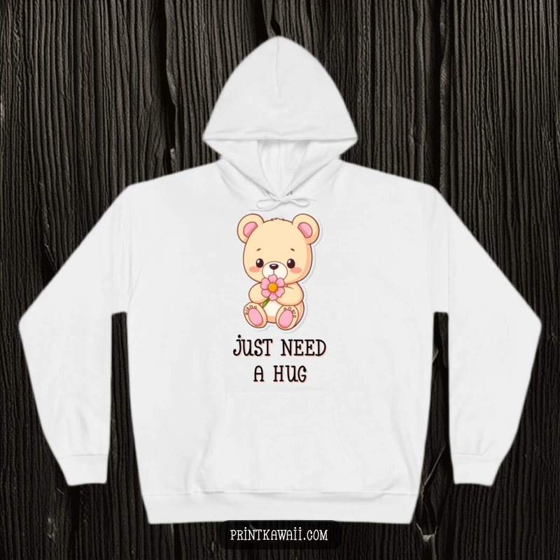 Funny Hoodie featuring a content teddy bear character holding a flower, designed for ultimate coziness and a heartwarming feel.
