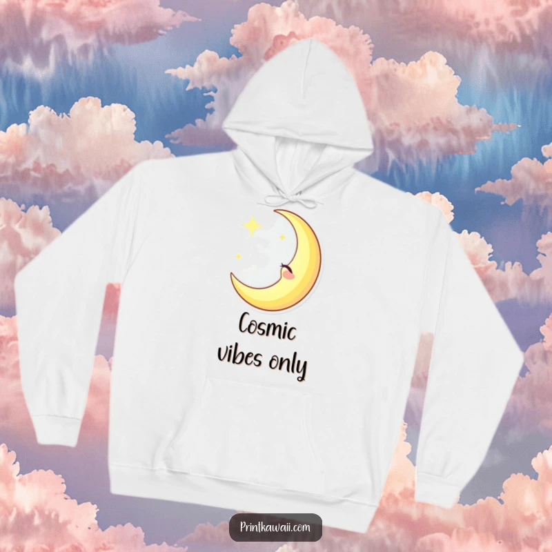 Funny winking crescent moon character on a hoodie, emitting a soft glow, radiating playful celestial charm, funny gift idea.