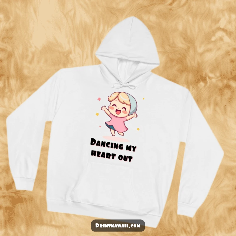 Funny hoodie depicting a cute character doing an energetic and happy little dance, offering comfort and a dose of pure, infectious glee.