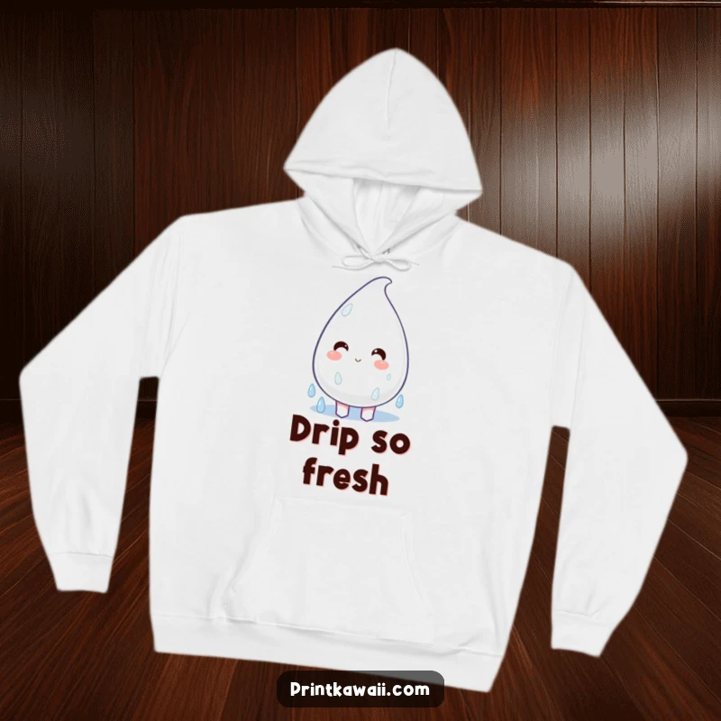 Funny Hoodie featuring a plump, happy raindrop character dripping with joy, perfect for staying warm and cheerful.