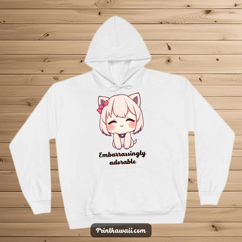 Funny Hoodie featuring a cute character blushing deeply, radiating a sweet and shy smile.